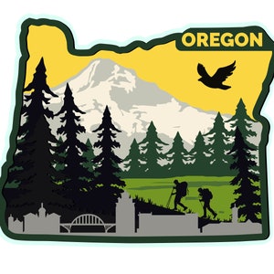 “Oregon State Form Vinyl Aufkleber | 4-Zoll wasserdichter lichtbeständiger Aufkleber | Mount Hood, Portland Skyline & Wanderer Design