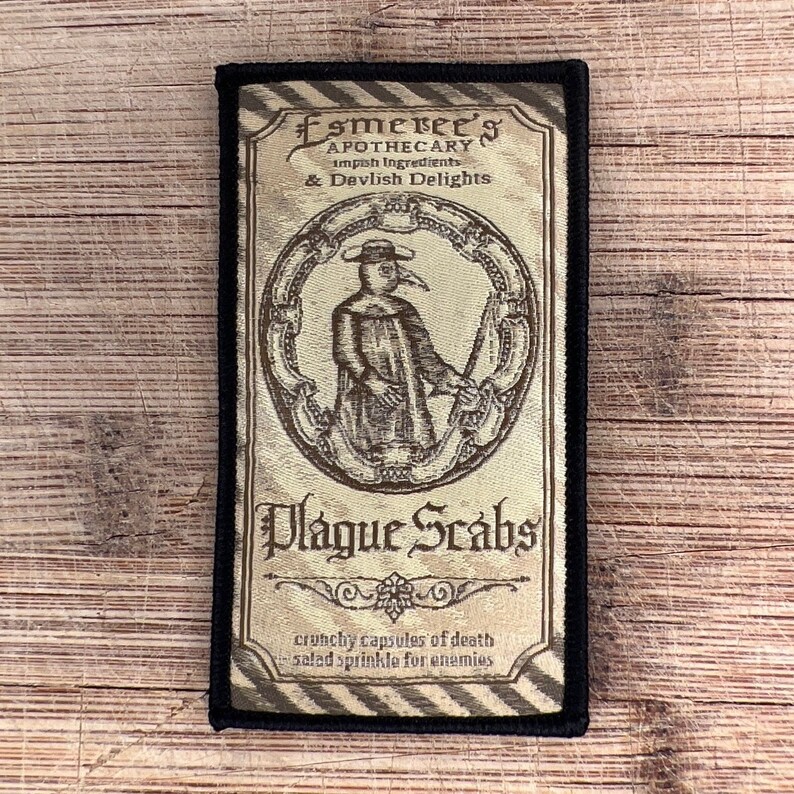 Plague doctor patch with vintage apothecary label design for jackets, bags, or dark horror collections.