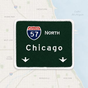 Parche de Chicago, Illinois, señal de carretera Interestatal 57, recuerdo de viaje, bordado termoadhesivo, 3.5 x 3 pulgadas