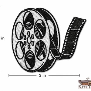 Black and white film reel embroidered patch shown on a white background with size markers indicating 3 inches wide by 2.5 inches tall, with the Patch Bunker logo in the lower right corner.
