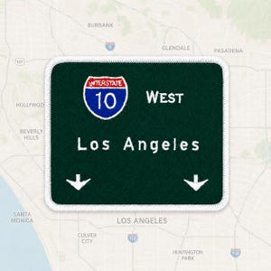 Parche termoadhesivo bordado de la señal de la I-10 Oeste de Los Ángeles (8,9 x 7,6 cm), insignia de viaje por carretera de California