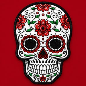 Parche de calavera de azúcar del Día de Muertos de 3 x 2 pulgadas para planchar, parche de calavera del Día de los Muertos, parche de calavera floral para chaquetas, bolsos y sombreros.