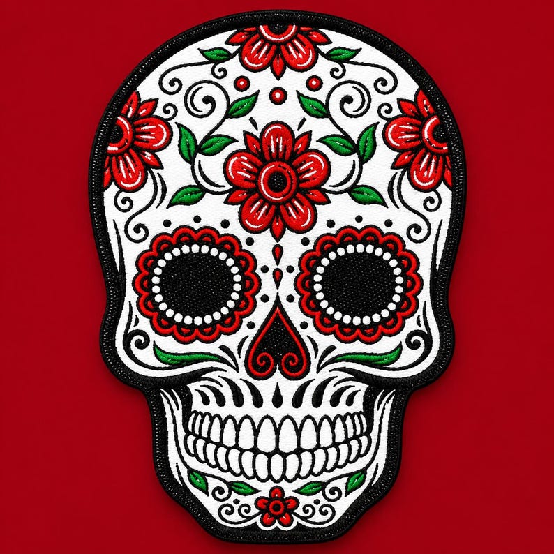 Day of the Dead sugar skull embroidered patch with red flowers, green leaves, black scroll details, and a bold black border on a deep red square background.