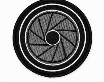 Camera Lens Patch – 3in Embroidered Iron-On Aperture Patch, Photographer & Videographer Gift, Minimalist Camera Gear Badge