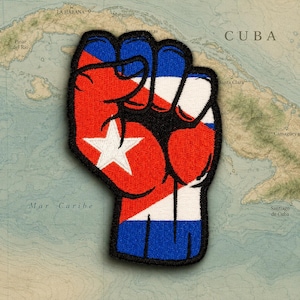 Cuba Flag Fist Iron-On Patch 4x2.75in Embroidered | Cuban Pride, Latina Pride | Protest Freedom Patch