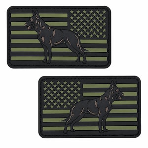 Parche de PVC de Pastor Belga Malinois – 8,9 x 5 cm (3,5 x 2 pulgadas) Bandera Americana Táctica Canina – Cierre de velcro – Orientación izquierda o derecha Verde oliva y negro
