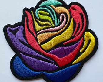 Rainbow Kaleidoscope Rose Flower Embroidered Iron-On Appliqué Patch 3 Inches