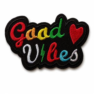 Good Vibes Patch Iron On Rainbow Heart Applique for Jacket Backpack Bag 3x2in