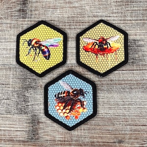 Bee Iron-On Patch Set – 3 Hexagonal Honeycomb Bee Patches – 2-Inch Nature-Inspired Embroidered Appliques for Jackets & Bags