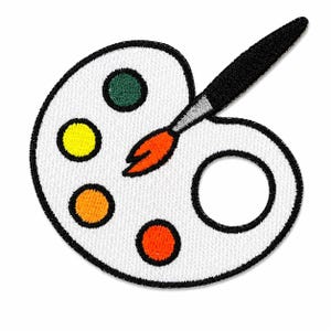 May include: An embroidered patch shaped like a white artist palette with a black border. The palette features four circular paint wells in green, yellow, orange, and red, with a black paintbrush resting across the center with an orange tip.