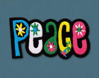 Peace Sign Patch – Flower Power Iron-On (Sew On) Embroidered Retro Boho Appliqué for Jackets, Backpacks & Hats 3.75x2 Inches