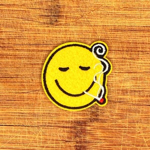 Chill Smiley Face Iron-On Patch – 1.75" Felt Patch with Relaxed Smiley and Joint – Retro Vibe, Yellow Embroidered Patch for Jackets & Bags