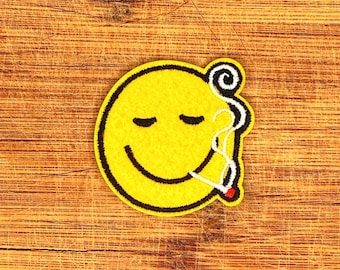 Chill Smiley Face Iron-On Patch – 1.75" Felt Patch with Relaxed Smiley and Joint – Retro Vibe, Yellow Embroidered Patch for Jackets & Bags