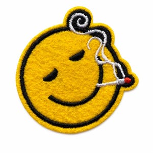 Weed Smiley Face Patch, Marijuana Smoking Design, Embroidered Felt Iron-On, 1.75in