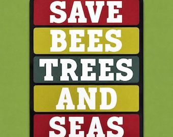 Environmental Sticker, Save Bees Trees and Seas Vinyl Sticker for Laptop, Water Bottle, Car, or Eco Gift 4x3 in
