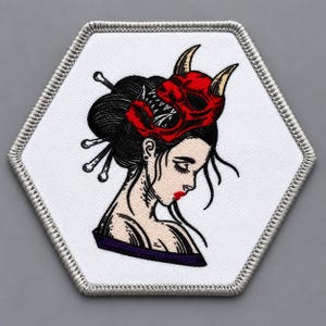 Oni Mask Patch Iron On Japanese Geisha Demon Girl Gothic Woman Dark Art Horror Applique 3in