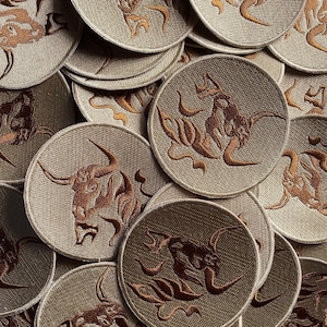 Collage featuring various angles and close-ups of the Taurus Astrology Sign Horoscope Iron On Patch, 3.5 Inches, showcasing its unique design and quality craftsmanship.