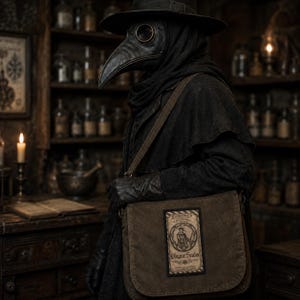 Vintage “Plague Scabs” apothecary patch displayed on the messenger bag of a plague doctor in a dark old-world shop.