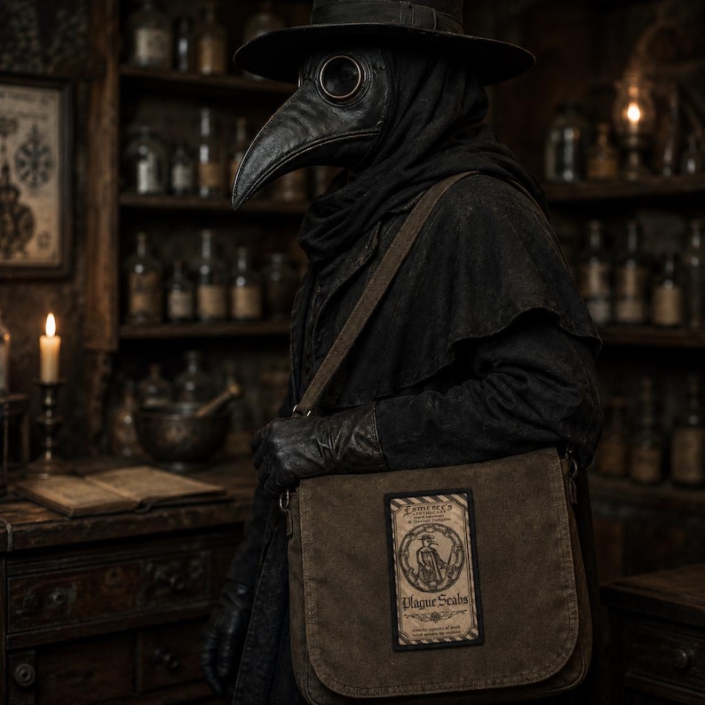 Vintage “Plague Scabs” apothecary patch displayed on the messenger bag of a plague doctor in a dark old-world shop.