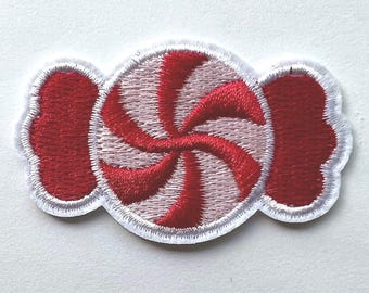 Christmas Patch Candy Peppermint Cute Holiday Sweet Treat Iron On Embroidered 2.25x1.25in