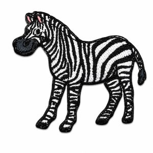 May include: An embroidered iron-on patch shaped like a standing zebra. The zebra features a classic black and white striped pattern covering its entire body, with small pink accents inside the ears and a dark snout, rendered in detailed thread.