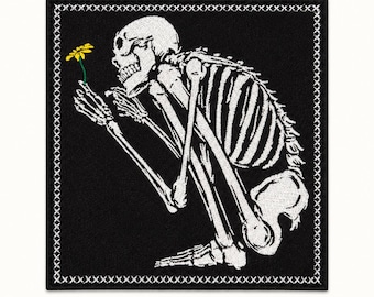 Skeleton Flower Patch 6x6in Iron-On – Memento Mori Goth Large Embroidered Back Design