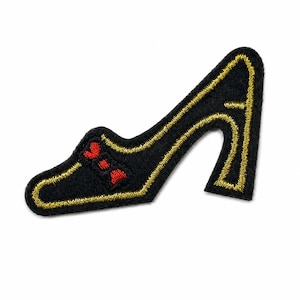 Black Stiletto High Heel Patch – Embroidered Iron On Shoe Applique for Jackets, Bags, 2x1.5in