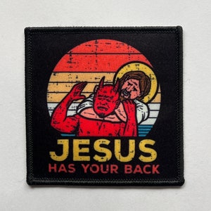 3-inch patch depicting Jesus using a Brazilian Jiu-Jitsu rear naked choke on the Devil, presented in a vintage, colorful style on a white background.