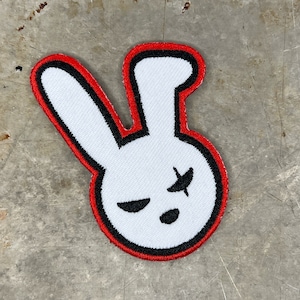 Punk Rock Bunny Head Iron-On Patch 3x2 Inch Edgy Rabbit with Scar