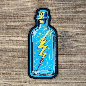 Lightning in a Bottle Iron-On Patch – 3x1.25 Inch Embroidered Applique for Jackets, Backpacks, DIY Crafts
