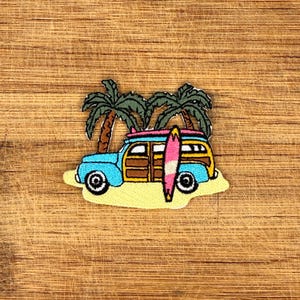 Retro Woody Surfer Wagon Iron-On Patch – 2.75" x 2" Vintage Car Embroidered Applique for Jackets, Bags, and Hats