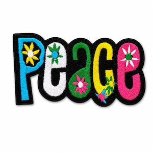 Peace Sign Patch – Flower Power Iron-On (Sew On) Embroidered Retro Boho Appliqué for Jackets, Backpacks & Hats 3.75x2 Inches