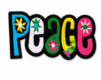 Patch vredesteken – Flower Power opstrijkbare (naai) geborduurde retro boho-applicatie voor jassen, rugzakken en hoeden 3,75 x 2 inch