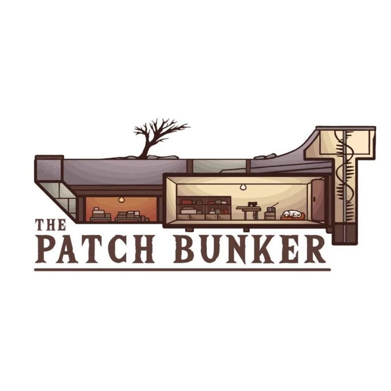 The Patch Bunker—underground workshop logo with shelves and a sleeping dog—brand for embroidered and iron-on patches and high-quality vinyl stickers.