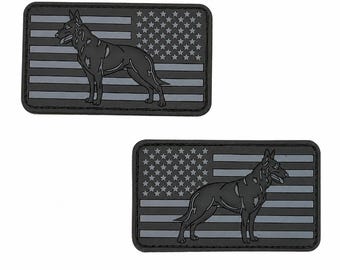 Parche de PVC de Pastor Belga Malinois – 8,9 x 5 cm (3,5 x 2 pulgadas) Bandera Americana Táctica Canina – Cierre de Velcro – Orientación izquierda o derecha, Negro y Gris
