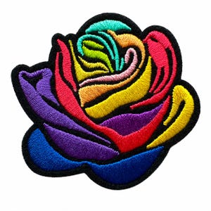 Rainbow Rose Patch Iron On, Embroidered Flower Applique for Jacket Backpack, Felt Backing Floral Patch, Optional Full Color Set 3x2.75in