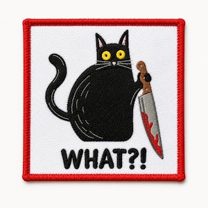 Black Cat Patch, Funny Goth Knife Meme Iron-On Embroidered 3x3in