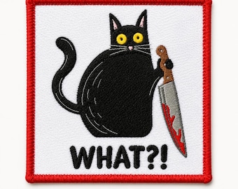Black Cat Patch, Funny Goth Knife Meme Iron-On Embroidered 3x3in