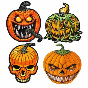 Horror Pumpkin Applique, Embroidered Jack O Lantern Skull Goth Halloween Jacket Decor 3in Iron On Patches