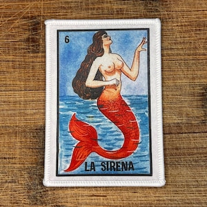 Écusson pour cartes Lotería La Sirena - écusson thermocollant brodé 3,5 x 2,5 pouces, motif sirène, écusson d'art folklorique mexicain pour vestes, sacs et chapeaux