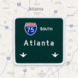 Patch de Atlanta, placa da rodovia I-75 Sul para passar a ferro, lembrança de viagem bordada da rodovia da Geórgia, 8,9 x 7,6 cm