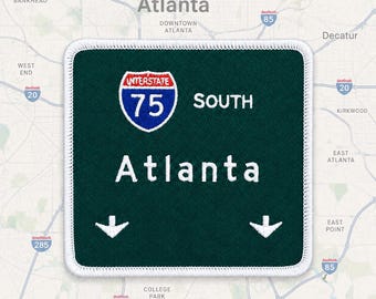 Atlanta Patch, I-75 South Road Sign Iron On, Georgia Highway Embroidered Travel Souvenir 3.5x3in