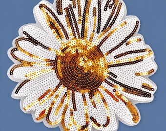 Large Daisy Sequin Back Patch, Gold White Flower Iron On Applique 9in
