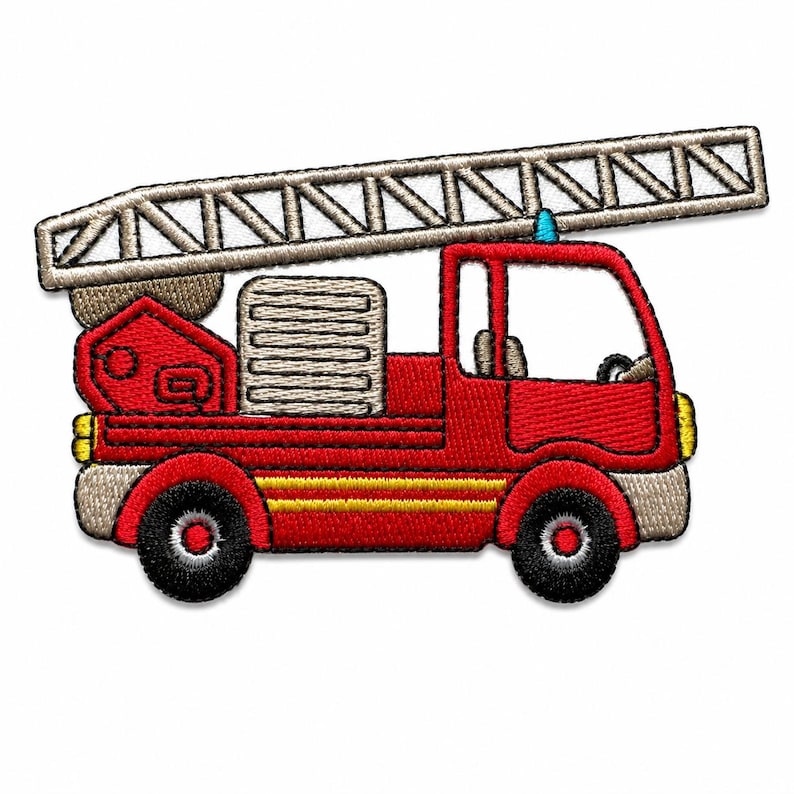 Red embroidered fire truck patch with silver ladder, yellow accents, black wheels, and detailed stitched texture on a clean white background.