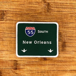 New Orleans Interstate 55 South Road Sign Patch 3.5&quot; x 3&quot; Embroidered Iron-On Highway Sign for Jackets, Bags, Hats - Fun Road Trip Souvenir