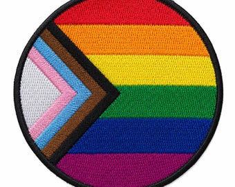 Trans Pride Patch 3 Inch Iron On, Progress Pride Flag Circle, Rainbow Pride for Jacket Hat Backpack