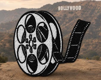 Vintage Film Reel Embroidered Patch – 3x2.5 Inch Iron-On Cinema Badge, Retro Movie Lover Gift, DIY Jacket Patch, Black & White