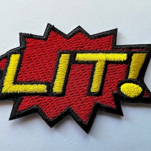 Vibrante &quot;LIT!&quot; Patch para passar a ferro – Patch bordado em estilo de quadrinhos ousado – 2,5 x 1,5&quot; Red Starburst para jaquetas, mochilas e acessórios
