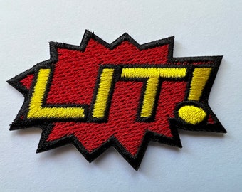 LIT! アイロン接着ワッペン – 大胆なコミック風刺繍ワッペン – 2.5 x 1.5インチ レッドスターバースト ジャケット、バックパック、アクセサリーに