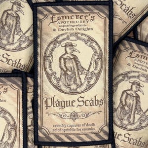 Plague doctor patch with vintage apothecary label design for jackets, bags, or dark horror collections.